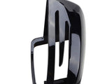 A glossy black plastic car accessory, shaped like an aerodynamic side mirror cover with elongated slots, stands upright against a plain white background.
