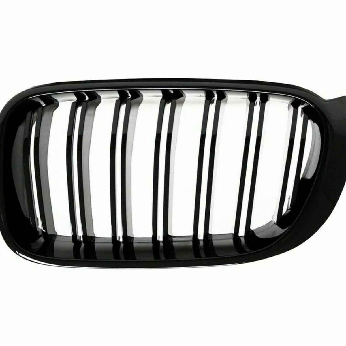 A black, rectangular car grille features multiple vertical slats. It is isolated against a white background, showcasing its glossy finish and curved edges.
