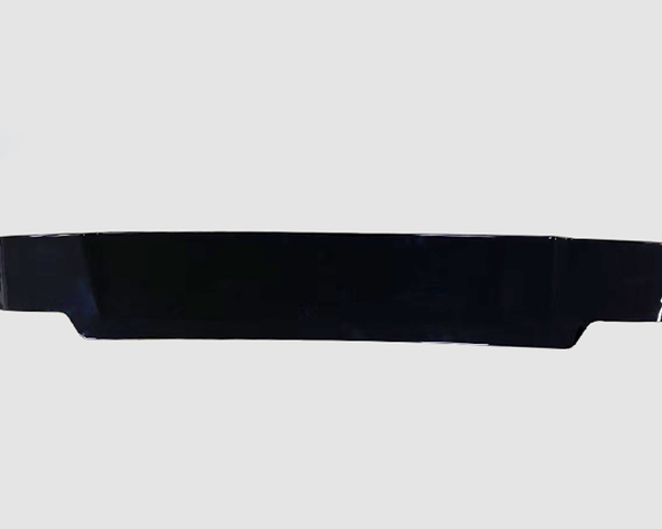 A sleek black car spoiler is shown against a plain gray background, featuring a curved, aerodynamic design with a glossy surface.
