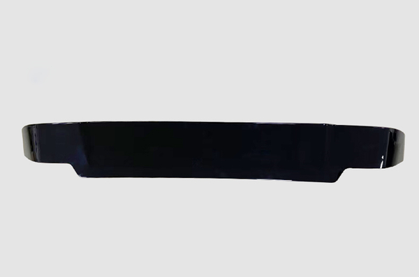 A sleek black car spoiler is shown against a plain gray background, featuring a curved, aerodynamic design with a glossy surface.