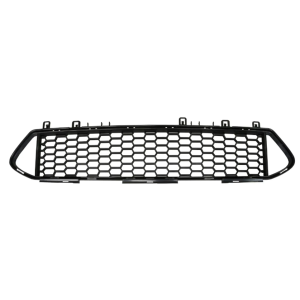 A black car grille with a honeycomb pattern lies flat, surrounded by a plain white background. It features mounting clips along the top edge.