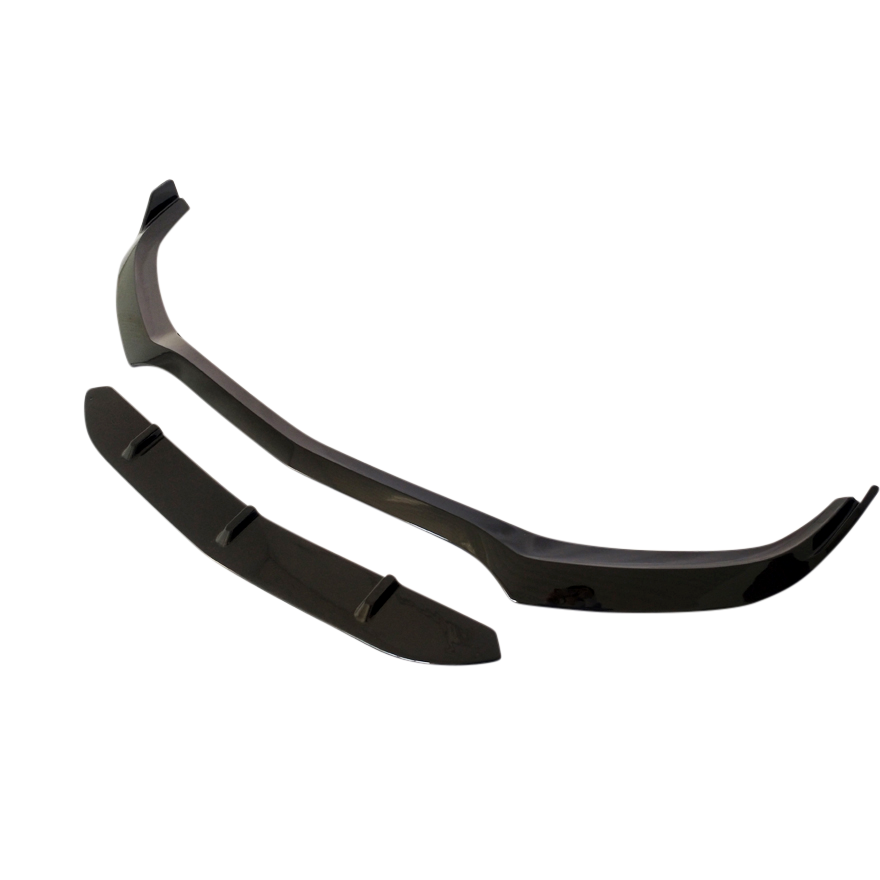 A black car spoiler, consisting of two components, is displayed against a plain white background. The spoiler pieces have a smooth, aerodynamic design.