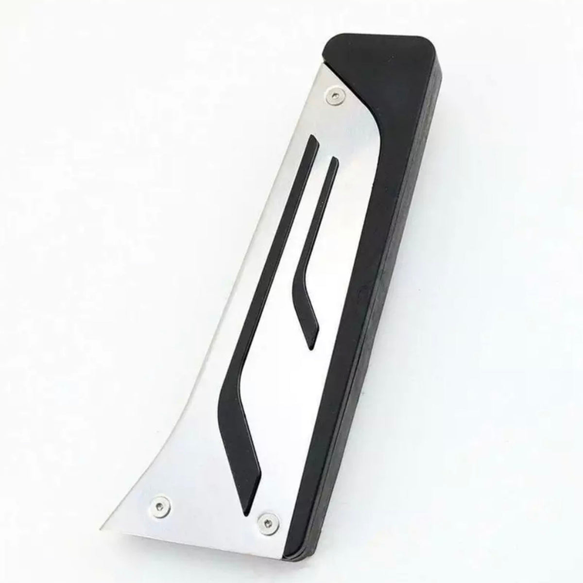 A sleek, rectangular black and silver metal object with two screws, resembling a minimalist tool, lies on a white surface. The design features smooth curves and sharp edges.