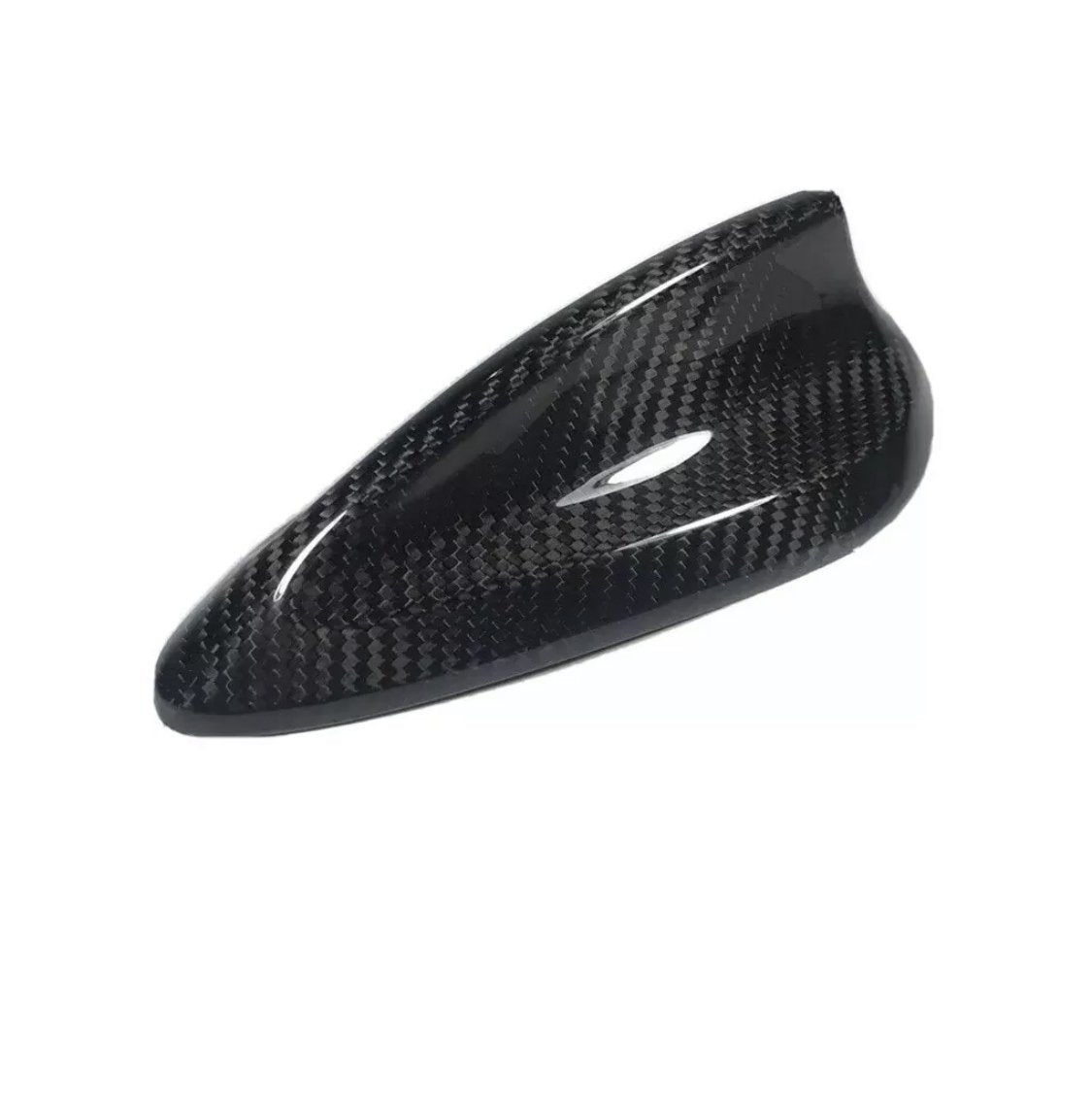 A sleek, black carbon fiber car side mirror cover, reflecting light, set against a plain white background.