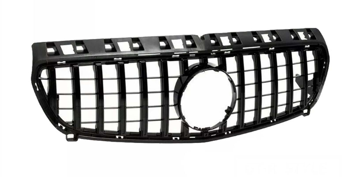 Black car grille with a rectangular grid pattern and a circular emblem space in the center, situated against a plain white background.
