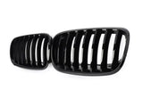 Black car grilles rest side by side, featuring vertical slats. They are showcased against a plain white background, highlighting their shiny, smooth finish.