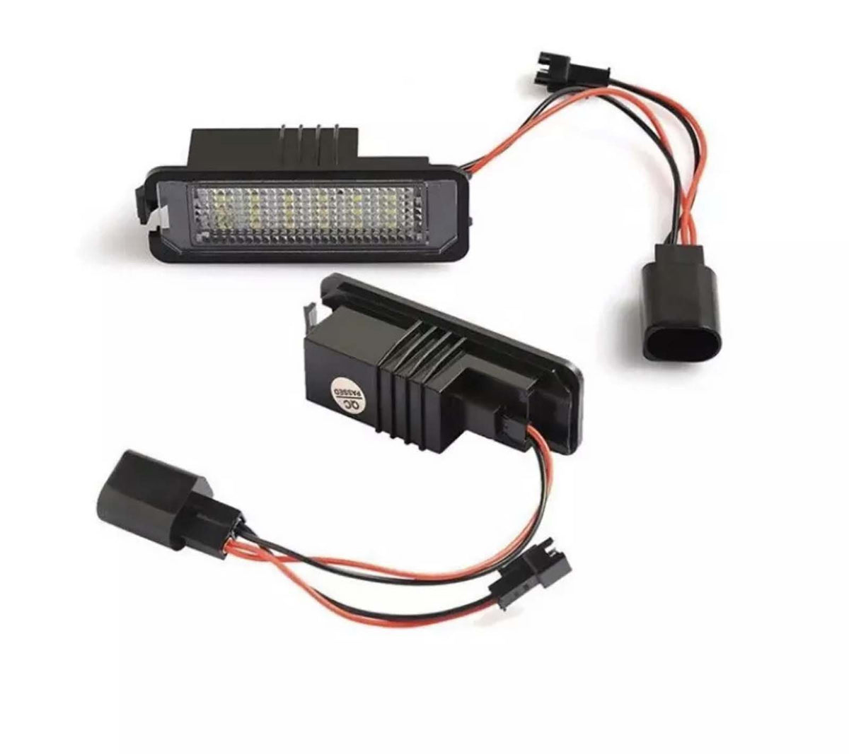 Rectangular LED car lights with black plastic casing, attached to red and black wires with connectors, positioned on a white background. Text reads: "DC 9V-30V".