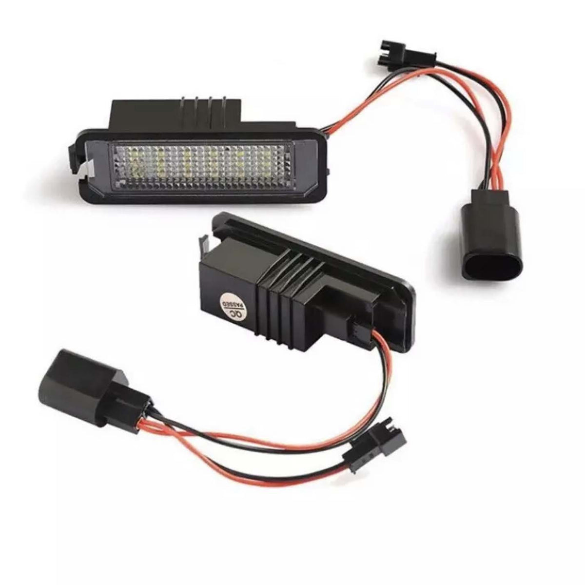Rectangular LED car lights arranged on a white background, displaying multiple small bulbs within each unit. Two units are shown, each with attached red and black wires and connectors.