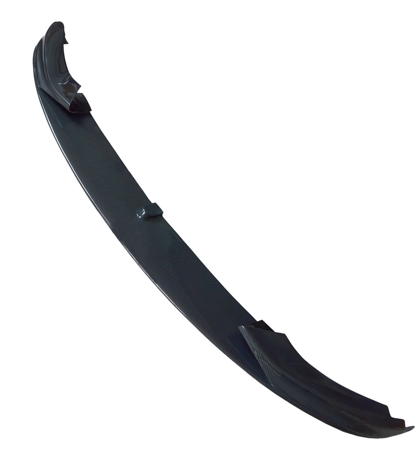 A curved carbon fiber car spoiler, featuring two mounting sections, is placed against a plain white background, showcasing its sleek aerodynamic design and textured surface.