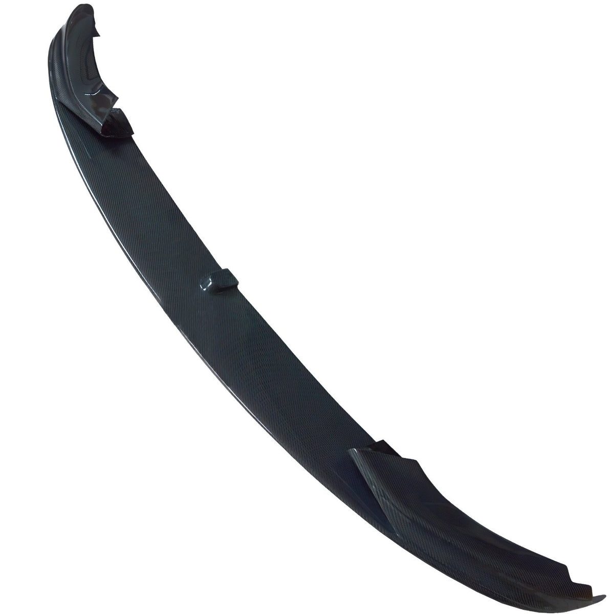 A curved carbon fiber car spoiler, featuring two mounting sections, is placed against a plain white background, showcasing its sleek aerodynamic design and textured surface.