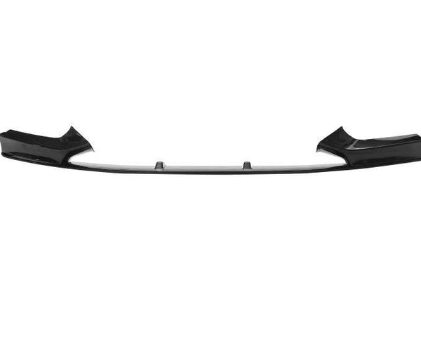 A black car front splitter lies flat against a white background, featuring aerodynamic fins and smooth, angled design elements on each end.