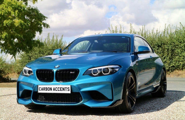 A blue sports car is parked on a gravel driveway with greenery and trees in the background. The license plate reads "CARBON ACCENTS."