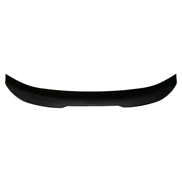 A black, curved car spoiler lies horizontally against a white background, showcasing its aerodynamic design intended for vehicle rear installation.