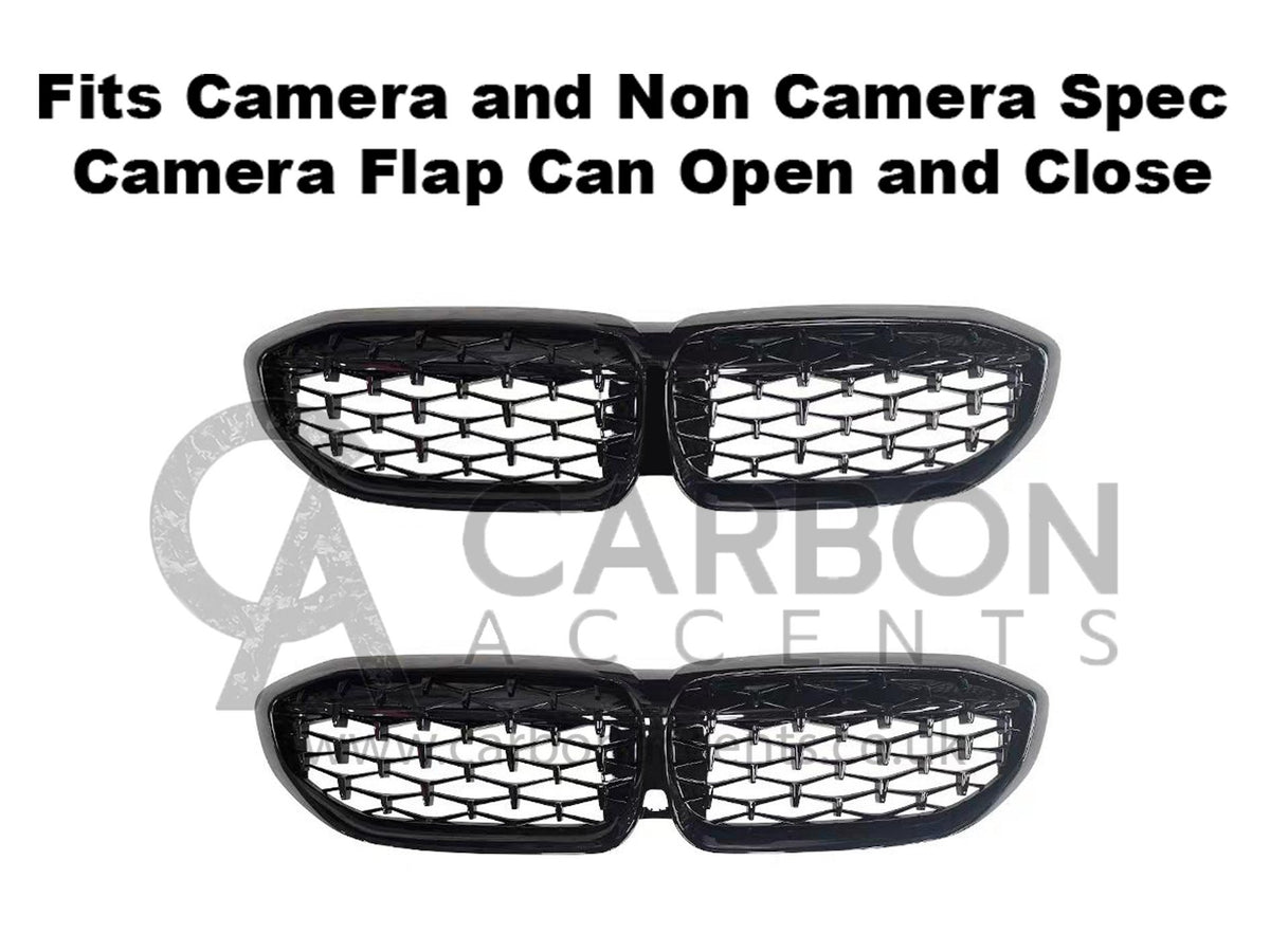 Grille inserts with crosshatch pattern are shown against a white background. Text reads, "Fits Camera and Non Camera Spec Camera Flap Can Open and Close," with "CARBON ACCENTS" logo beneath.