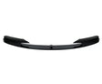 Black car front splitter with a glossy finish, featuring aerodynamic fins on both sides. It is isolated against a plain white background.