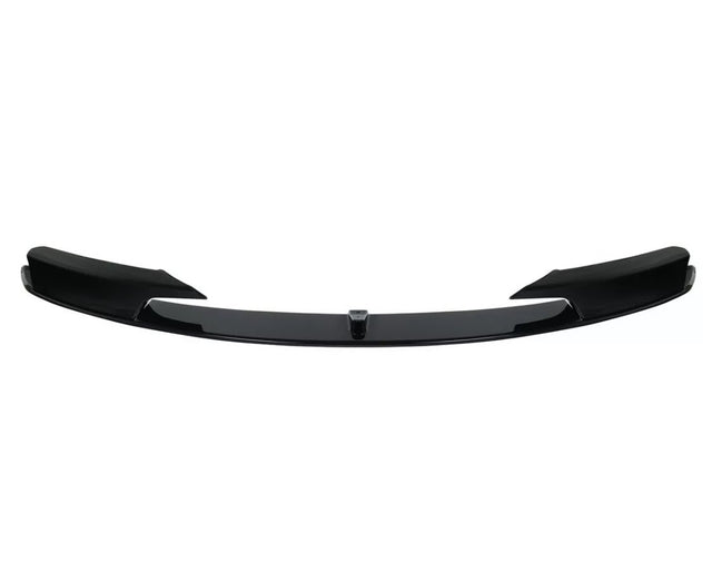 Black car front splitter with a glossy finish, featuring aerodynamic fins on both sides. It is isolated against a plain white background.