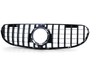 A black car grille features vertical and horizontal slats with a central circular emblem space. It is positioned against a plain white background.