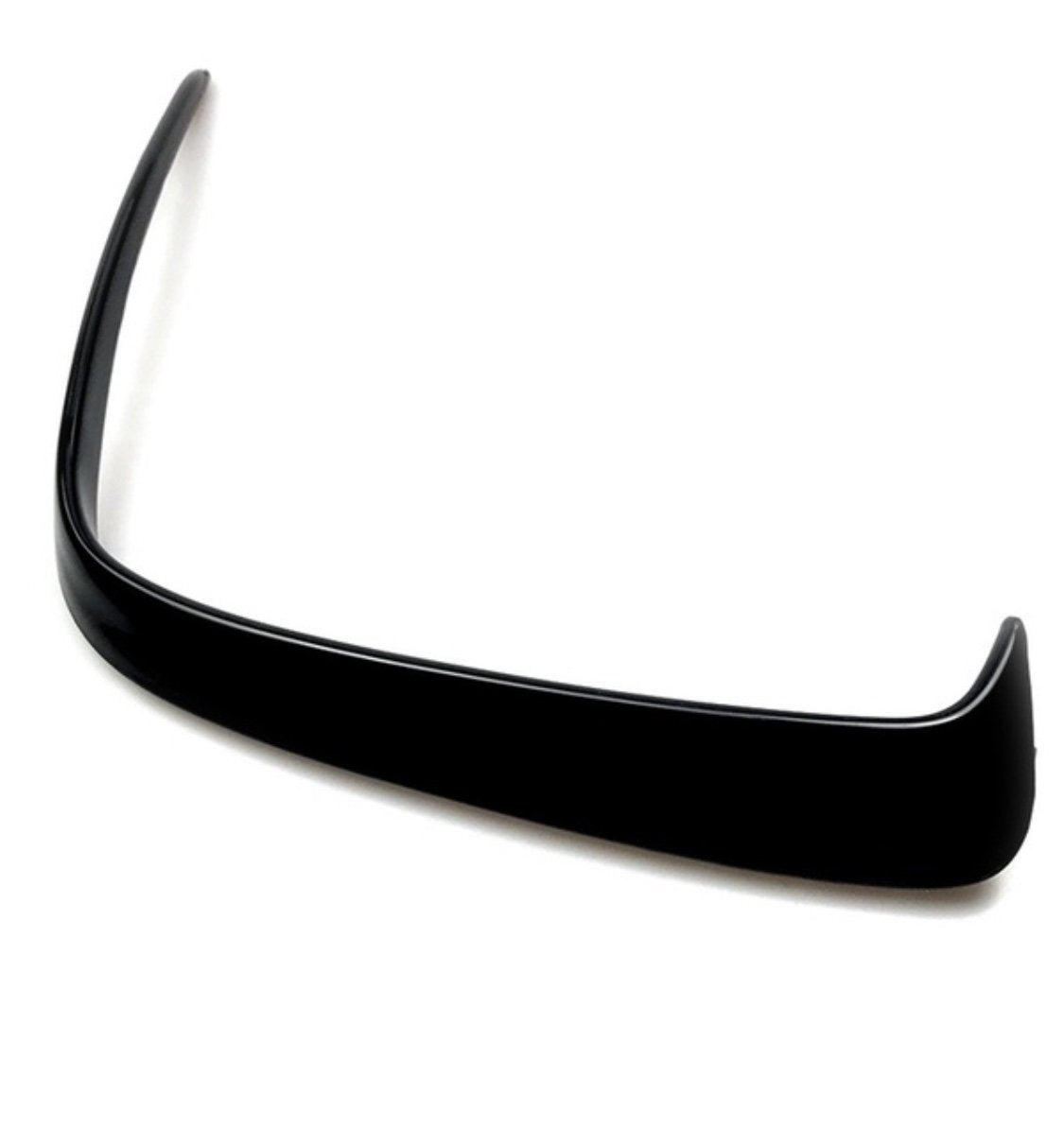 A black, curved car spoiler sits against a plain white background, highlighting its smooth, aerodynamic shape designed for enhancing vehicle performance.