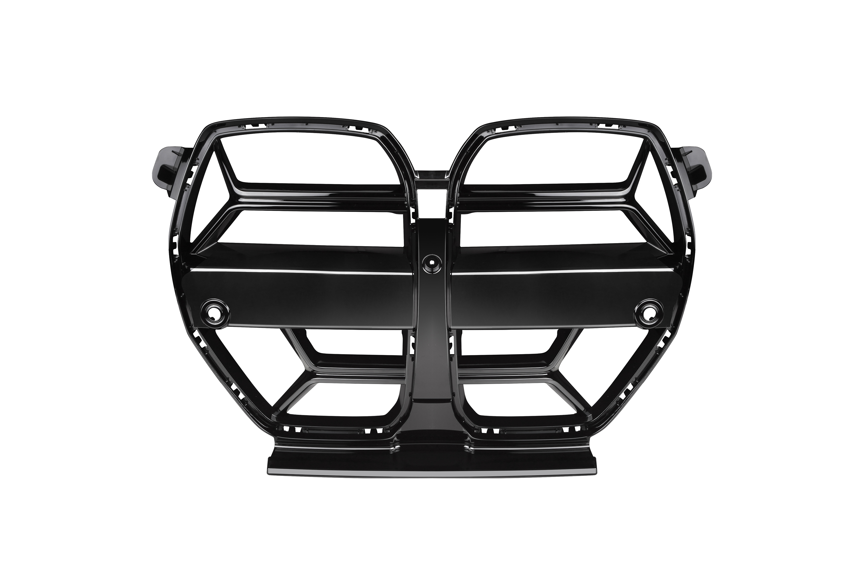 A glossy black car grille featuring a distinctive double kidney design with multiple sections divided by horizontal and vertical bars, set against a plain white background.