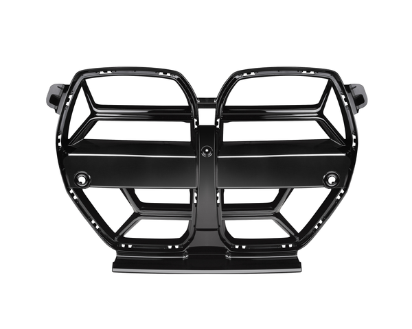 A glossy black car grille featuring a distinctive double kidney design with multiple sections divided by horizontal and vertical bars, set against a plain white background.