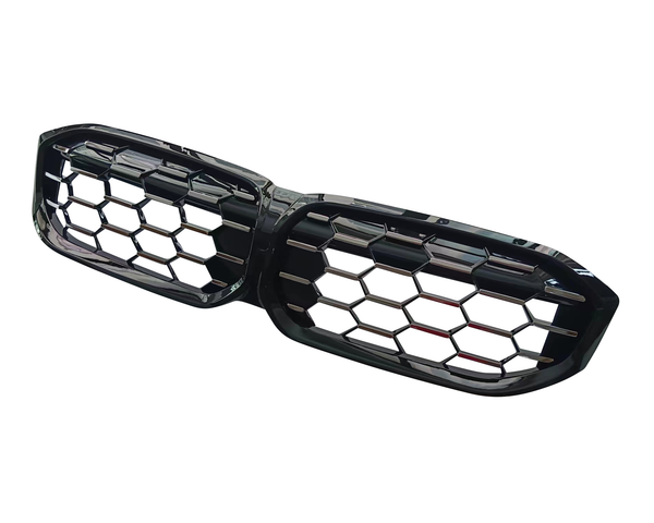 A dual-section car grille features a black hexagonal mesh design, positioned on a white background, suggesting automotive use.