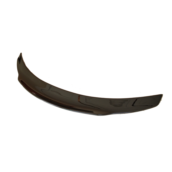 A shiny, curved car spoiler with a reflective surface is isolated on a plain white background, displaying streamlined aerodynamics.