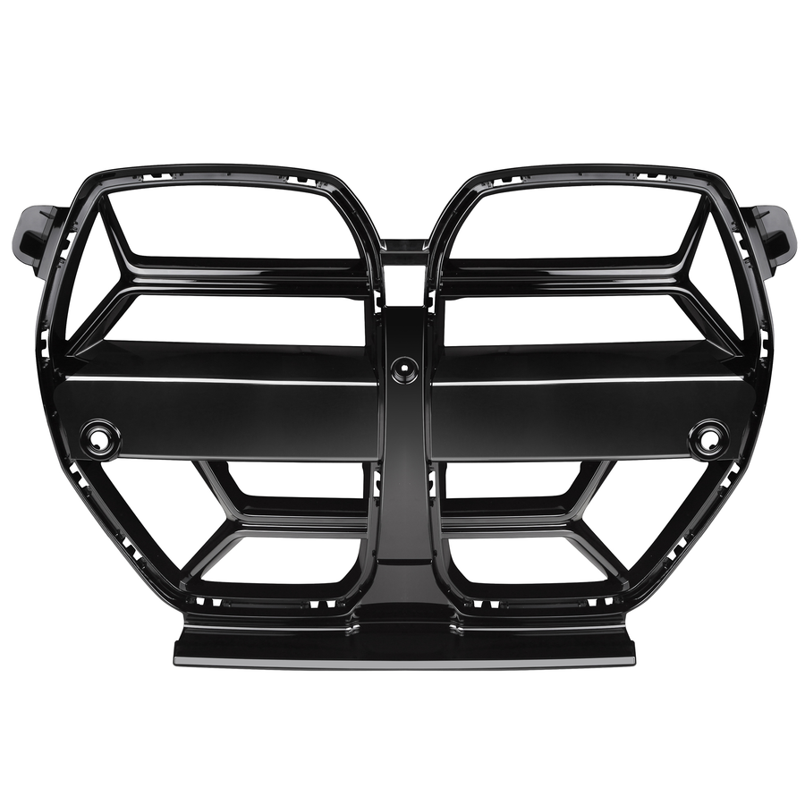 A black, shiny car grille, featuring a symmetrical design with thick horizontal bars and openings, set against a plain white background.