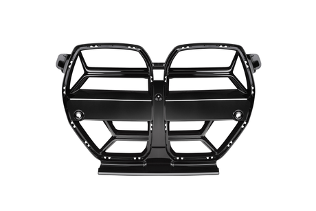 A black, shiny car grille, featuring a symmetrical design with thick horizontal bars and openings, set against a plain white background.