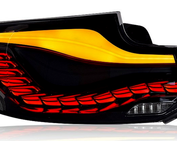 A car taillight with yellow and red glowing sections labeled "OLED" on a white background, showcasing modern, sleek lighting design.