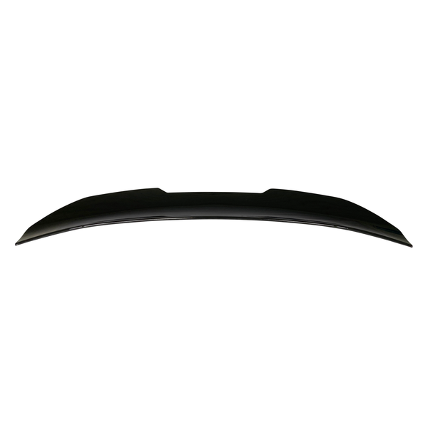 A black car spoiler lies on a plain white background, showcasing a sleek, aerodynamic design with slight curvature at its edges.