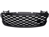 A black car grille with a honeycomb pattern is displayed against a plain white background, showcasing its sleek design and mounting points.