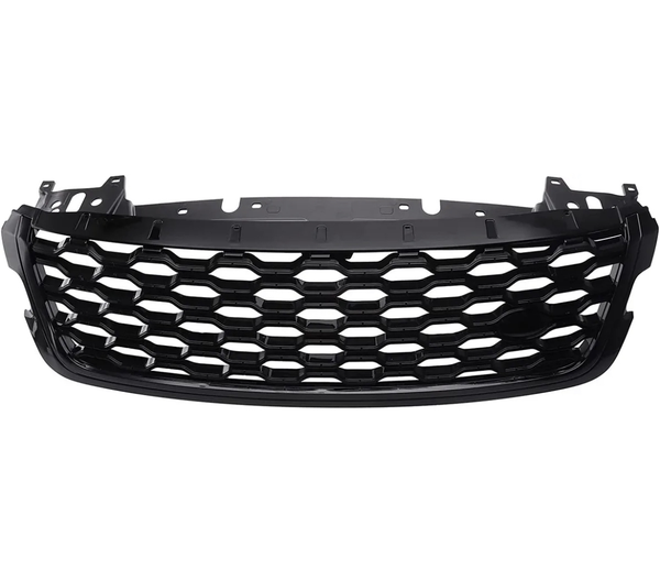 A black car grille with a honeycomb pattern is displayed against a plain white background, showcasing its sleek design and mounting points.