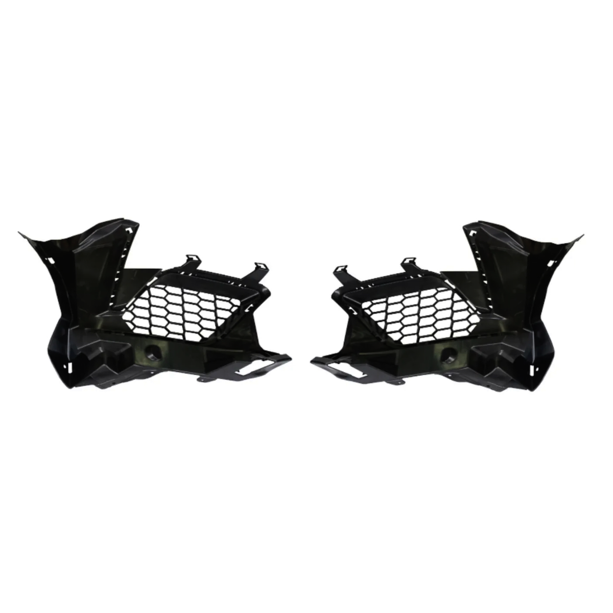 Two black metal brackets with honeycomb-patterned sections, positioned symmetrically facing each other, likely used in automotive assemblies, set against a plain white background.