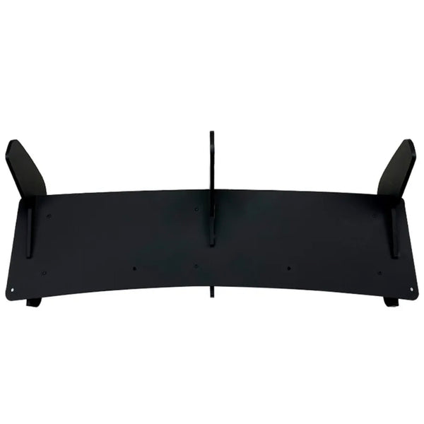 A black car spoiler is positioned horizontally with upward-turned side fins and a central support, displayed on a plain white background.