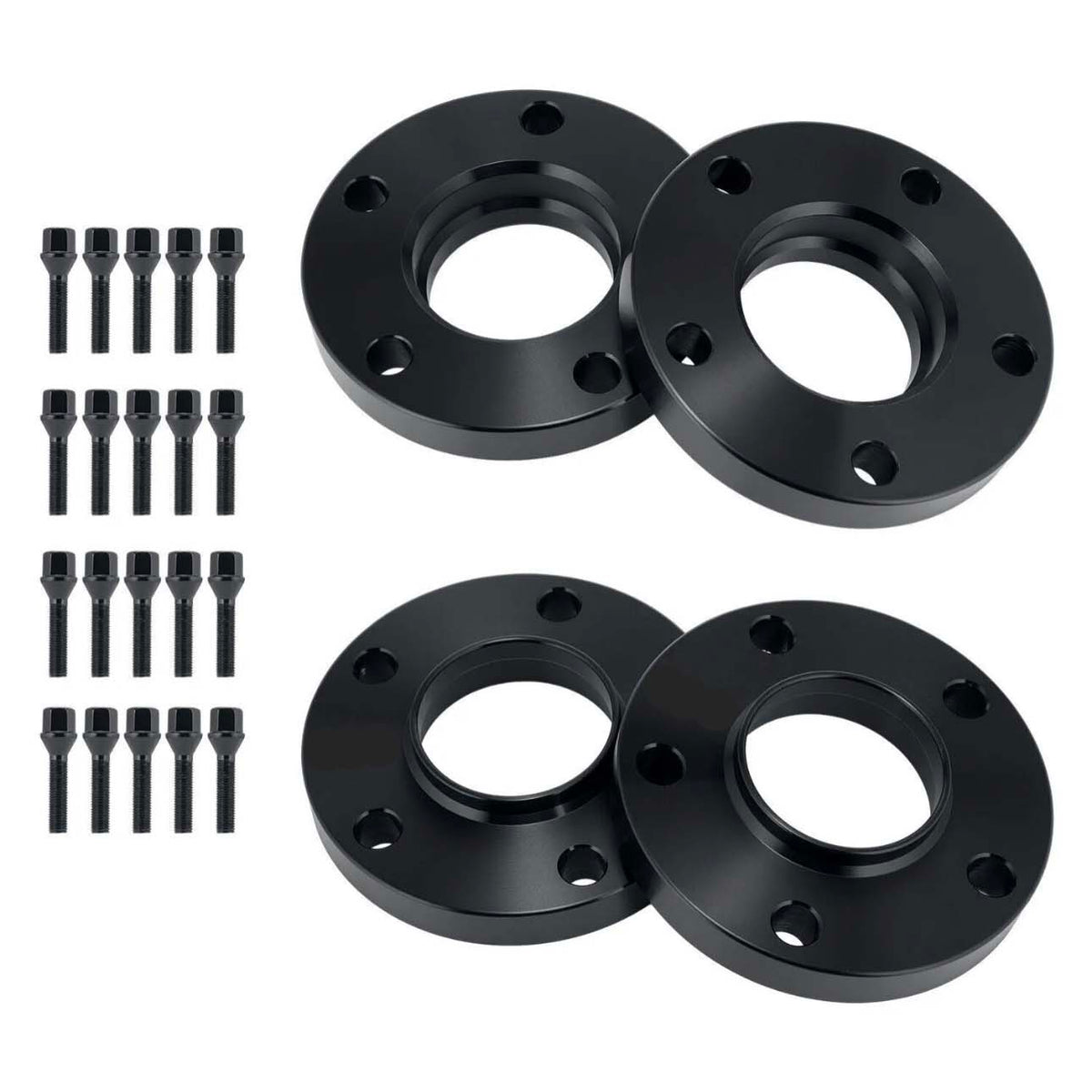 Four black wheel spacers with five bolt holes are arranged neatly. Sixteen matching black bolts are positioned in two groups, emphasizing automotive parts organization.