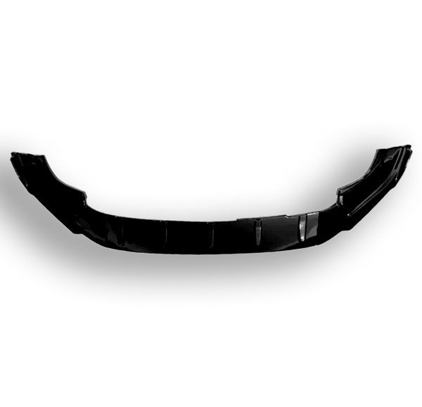 A glossy black car bumper positioned centrally, showcasing its curved design against a plain white background.