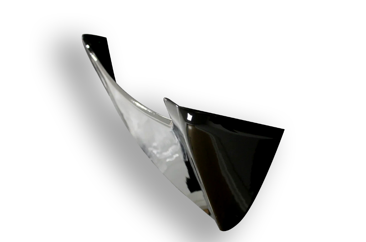 Shiny black and silver swooping blade-like structure, suspended at an angle, casting a soft shadow on a white background.