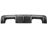 Carbon fiber car rear diffuser, featuring a glossy, woven pattern, lies flat in a white background, displaying sleek contours and aerodynamic design elements.