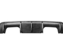 Carbon fiber car rear diffuser, featuring a glossy, woven pattern, lies flat in a white background, displaying sleek contours and aerodynamic design elements.