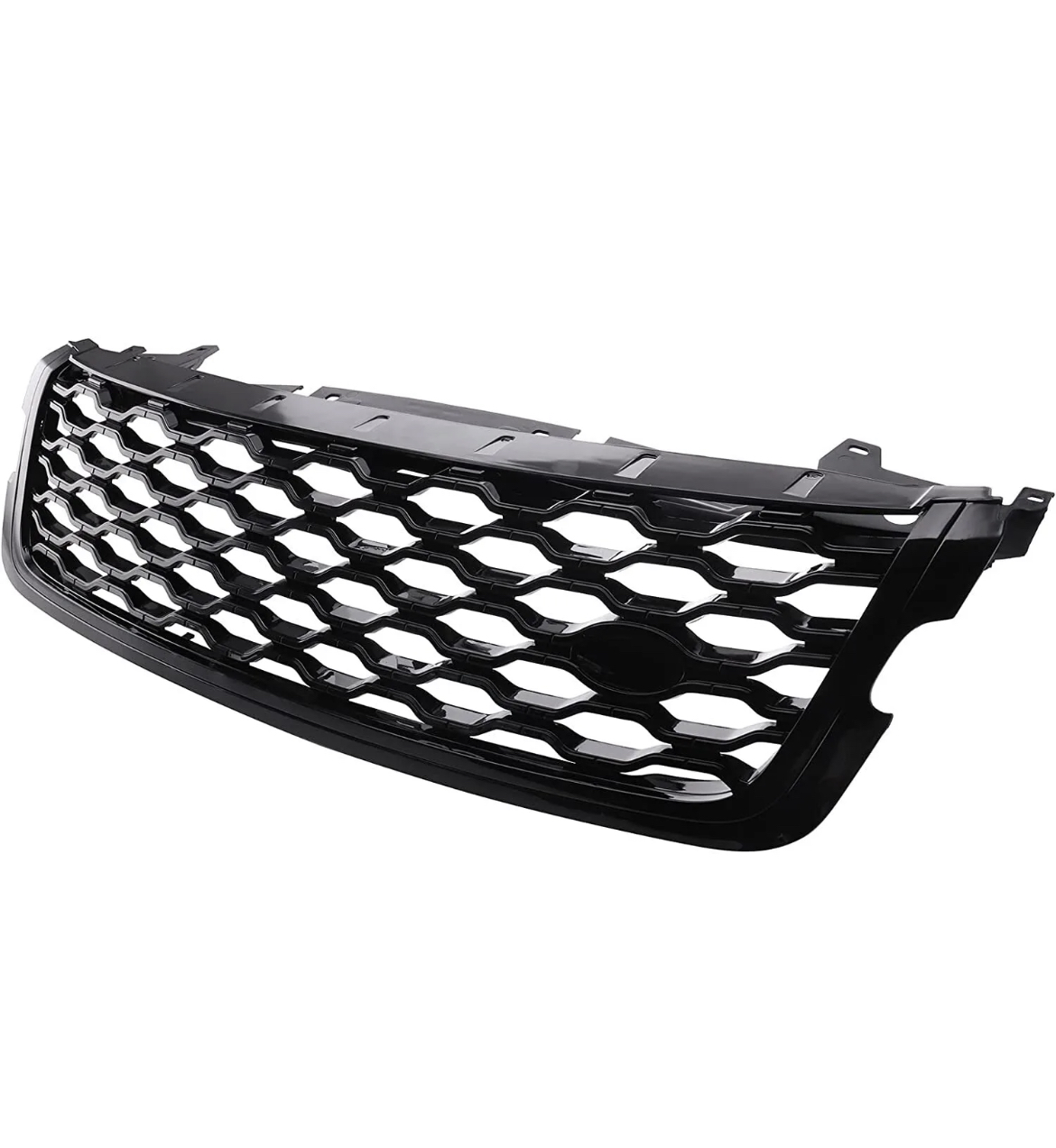 A black car grille with a hexagonal mesh pattern, shown against a white background, features mounting edges and a smooth, glossy finish.