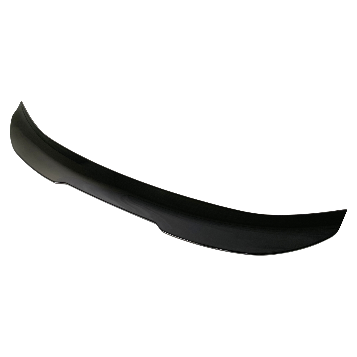 A glossy black car spoiler rests against a white background, its sleek, arched shape designed for aerodynamic enhancement.