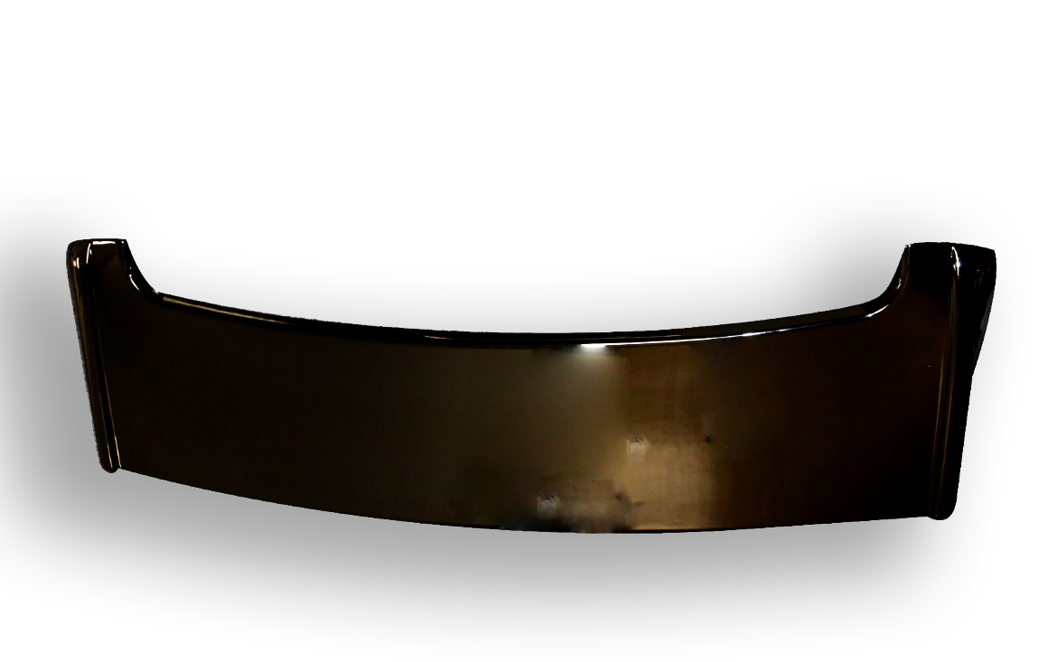 Glossy, black car spoiler is displayed against a white background, casting a faint shadow.