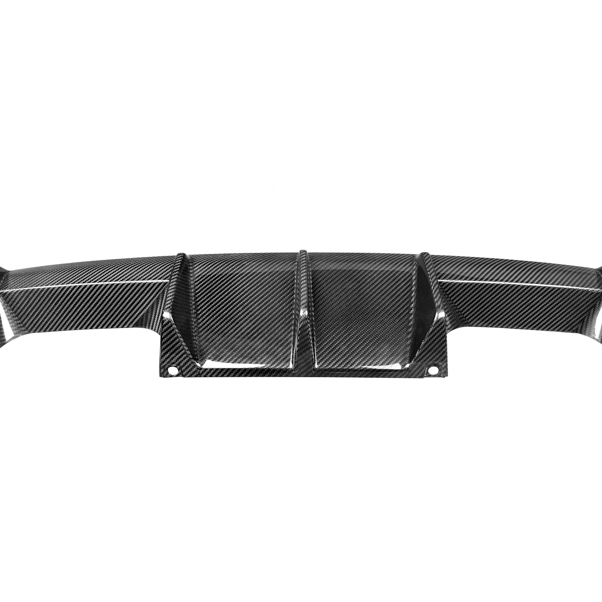 Carbon fiber rear diffuser, featuring a sleek design with three vertical fins, lies against a plain white background, emphasizing its glossy surface and geometric pattern.
