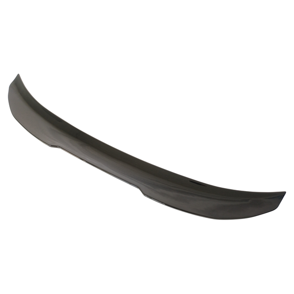 A sleek, black car spoiler with a slight curve, placed against a plain white background.