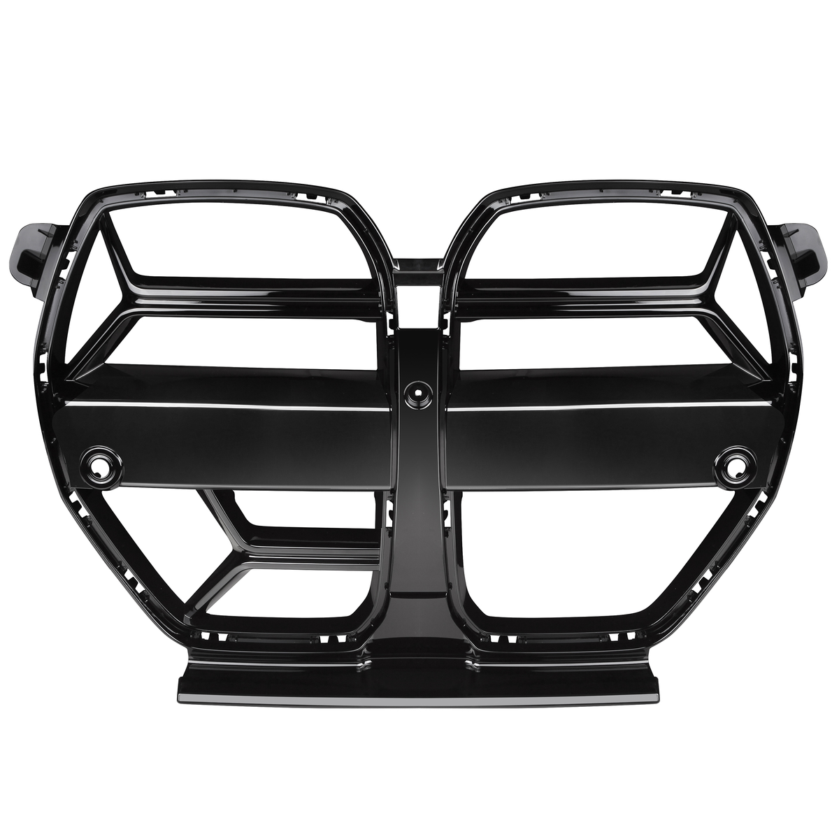 A glossy black car front grille lies flat against a white background, featuring multiple horizontal and vertical bars with two circular openings on either side.