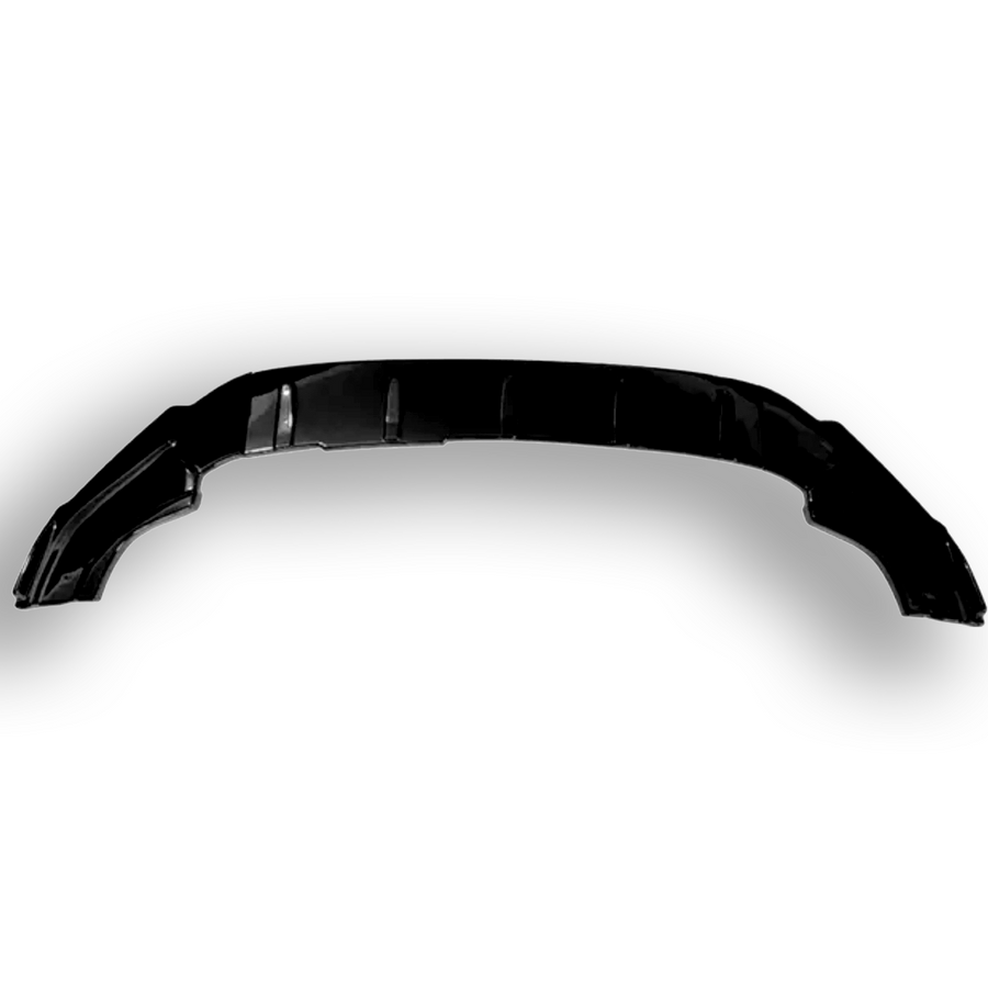 A black automotive bumper is resting on a plain white background, displaying curved edges and subtle detailing across its surface.