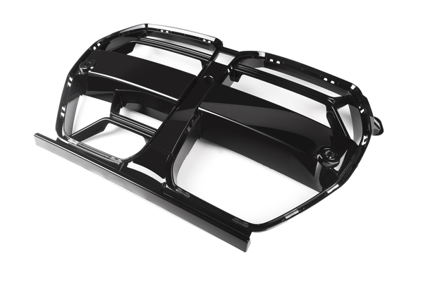 A glossy black car grill with bold lines and rectangular sections, oriented diagonally on a plain white background.