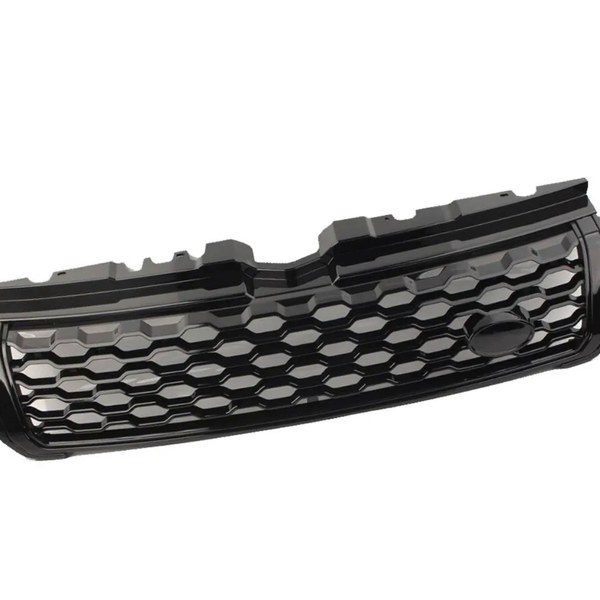 A black car grille features a honeycomb pattern and an oval emblem space, set on a white background.