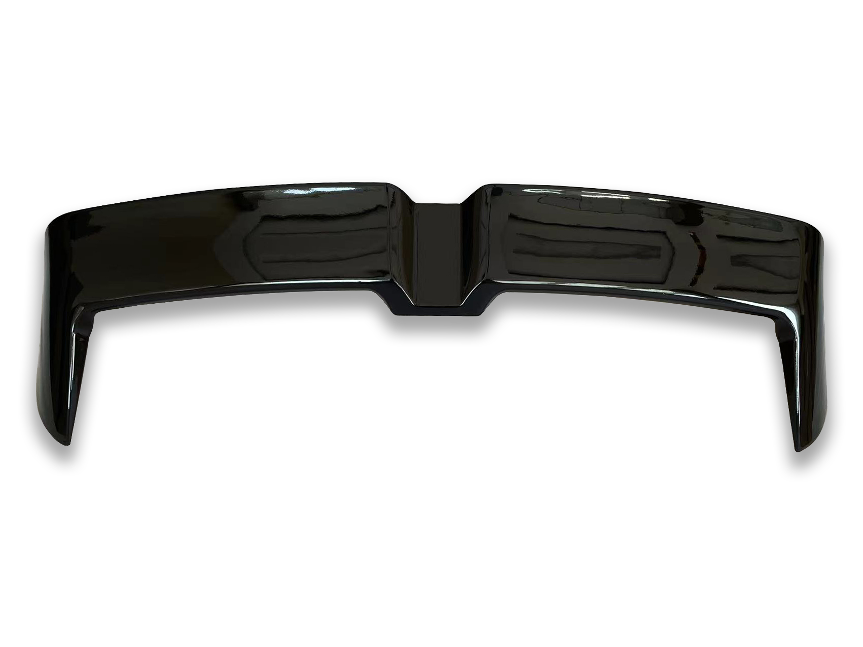 A glossy black car spoiler sits on a white background, reflecting overhead lights, highlighting its sleek, curved design and aerodynamic structure.