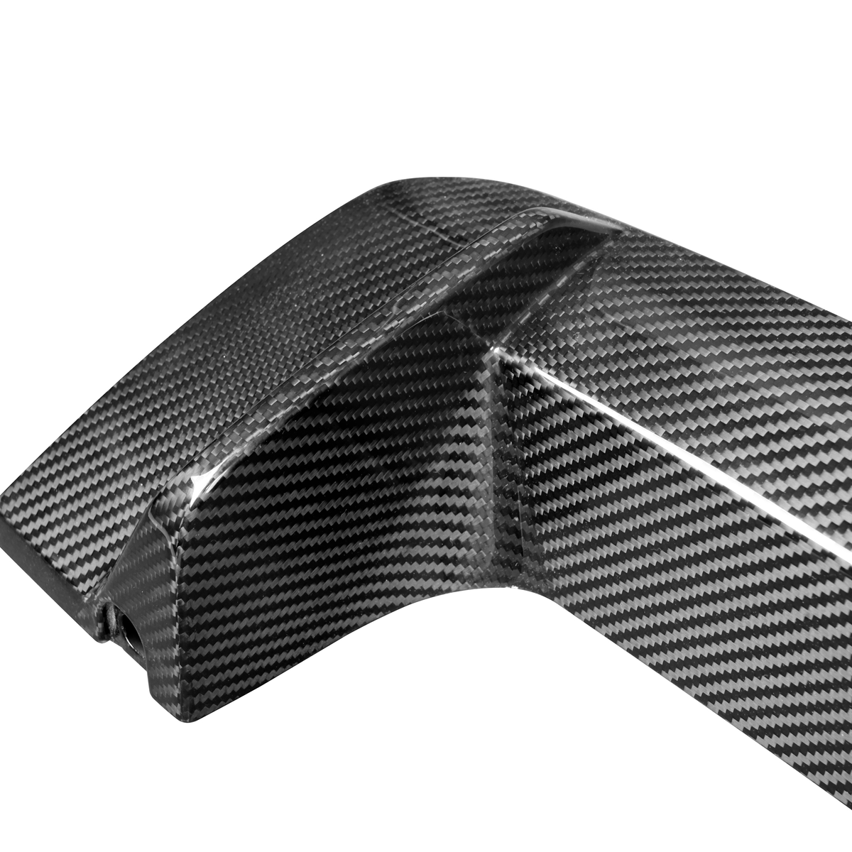 A sleek, carbon fiber object with a shiny, textured surface, likely a vehicle part, against a plain white background.